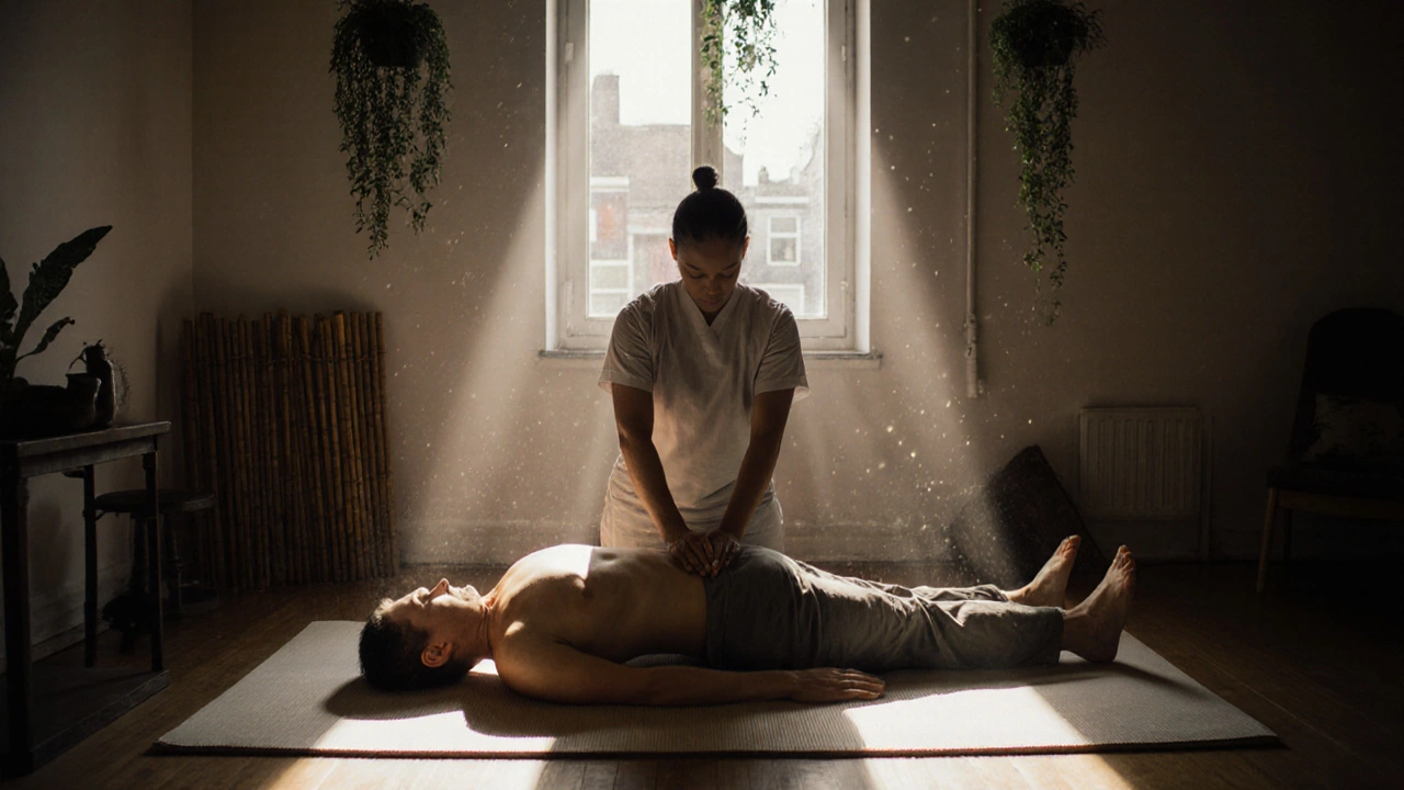 A Thai massage session on a mat with a therapist using forearms and feet to stretch a clothed client in a plant-filled space.