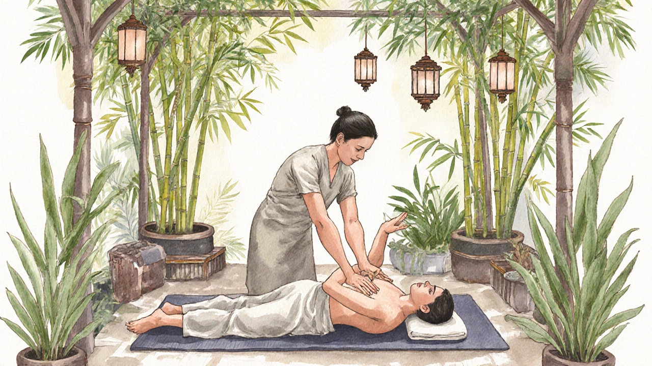 A Thai massage therapist gently stretches a client on a mat in a sunlit courtyard, both clothed in loose fabric, surrounded by greenery.