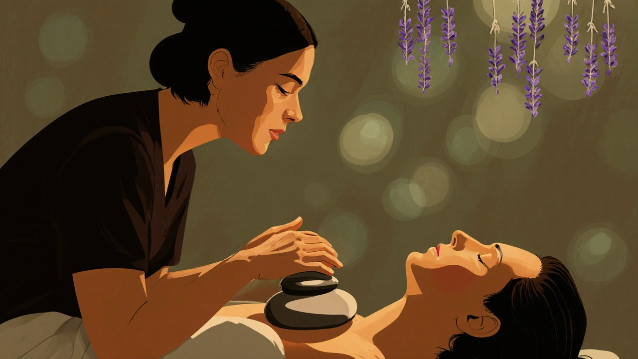 A therapist gently guiding a client&#039;s breathing during a wellness massage with warm stones on their back.