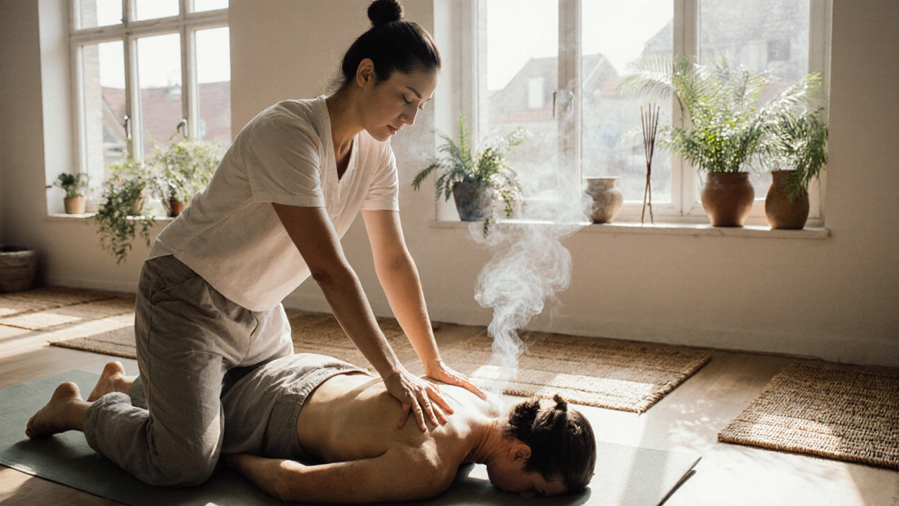 A therapist performing Thai massage on a clothed client using gentle stretches in a natural, serene studio.