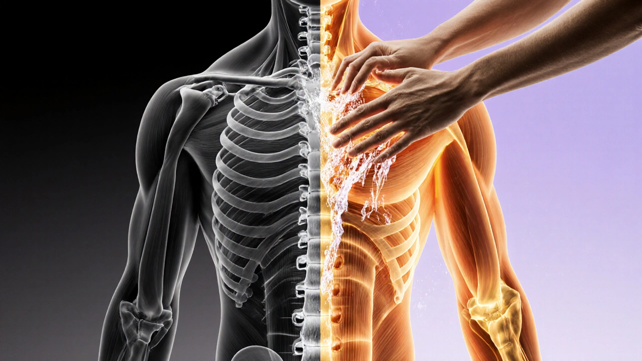 A visual contrast of tense muscles turning into relaxed, glowing ones, with hands dissolving tension like water.