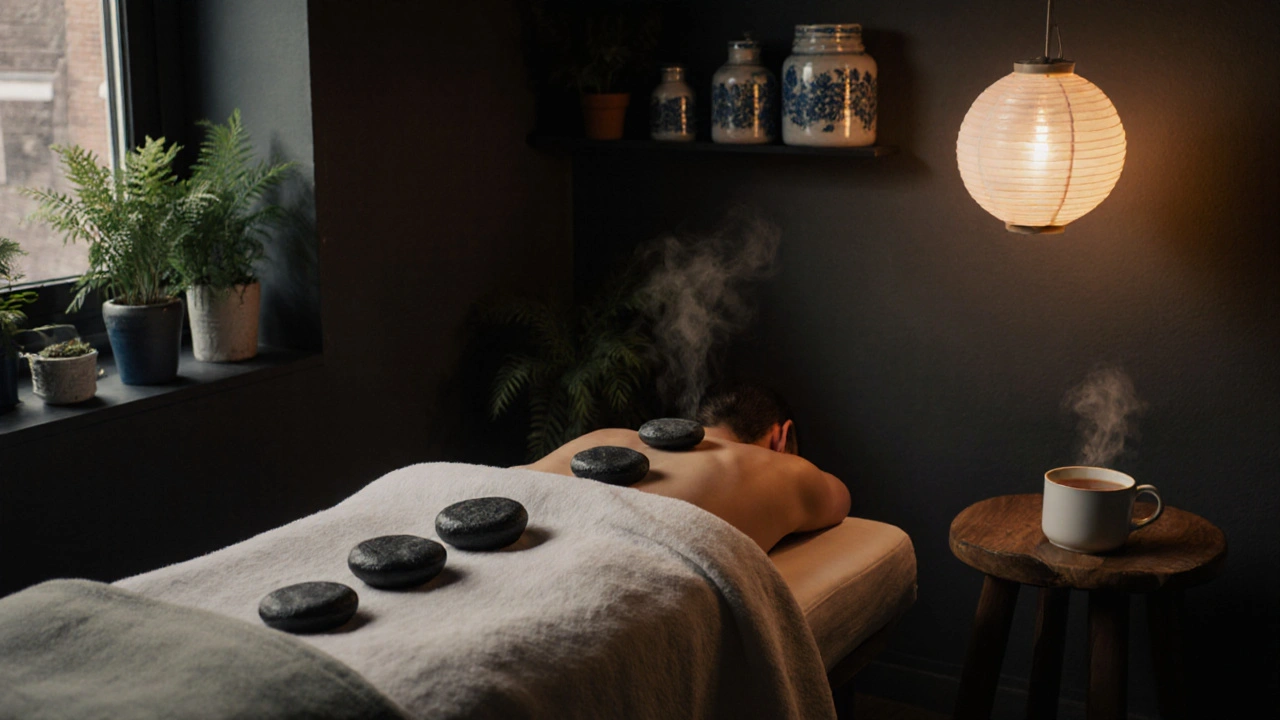 A warm massage room with heated stones on a person&#039;s back, herbal tea nearby, and soft linen blankets in a serene Amsterdam studio.