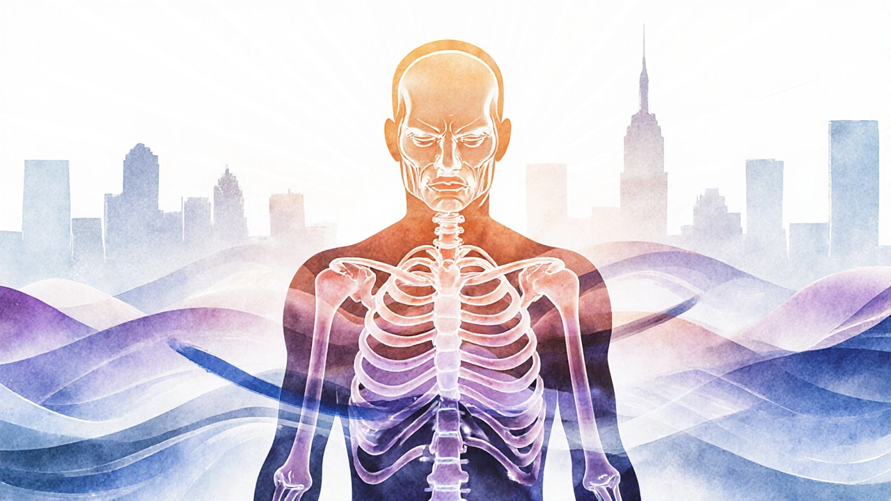 A watercolor-style human figure with tension patterns dissolving into warm light, symbolizing stress relief and bodily relaxation.