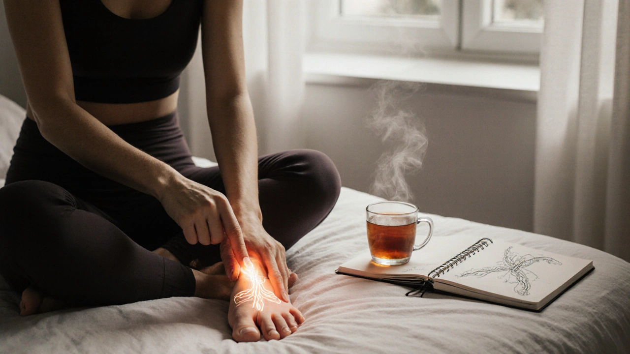 A woman practicing self-tuina at home by pressing her foot, with moonlight and herbal tea nearby.