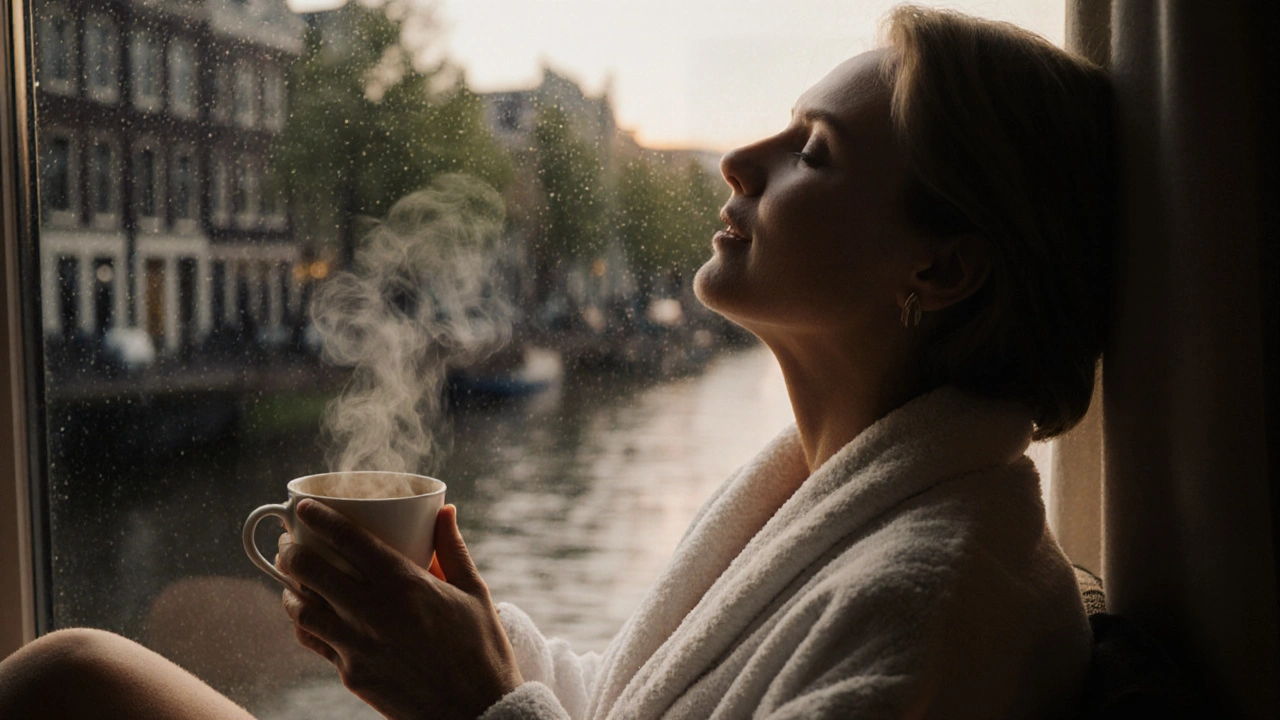 A woman relaxing after a massage, smiling peacefully in a robe, holding tea as dusk light shines through a window onto a rainy canal outside.