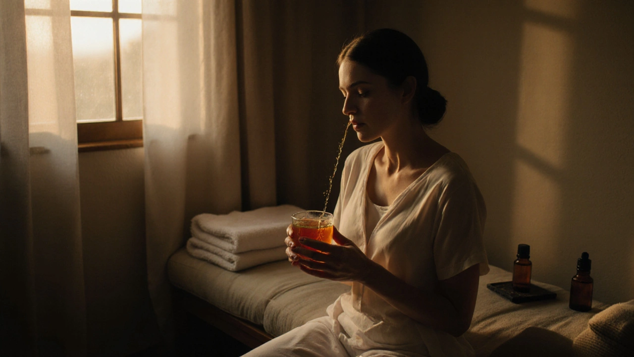A woman sitting quietly after a massage, tears falling as she holds tea in a serene, sunlit room.