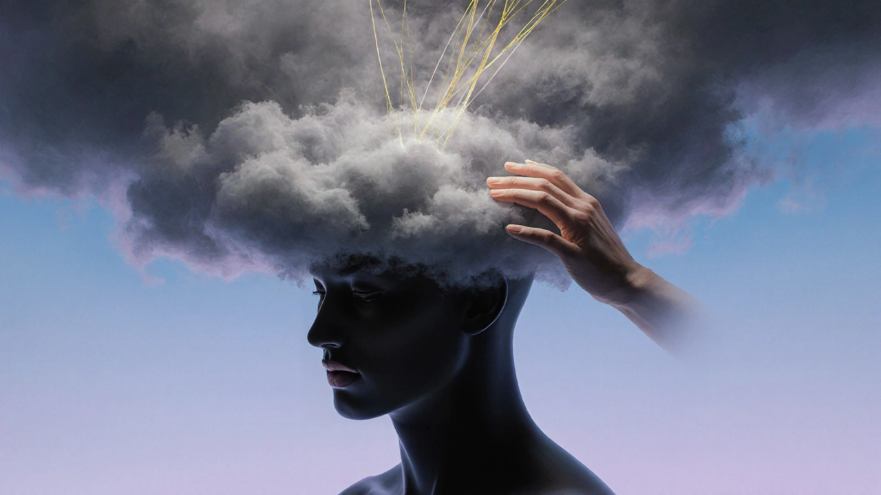 Abstract head emerging from storm clouds with golden light rays symbolizing stress relief.