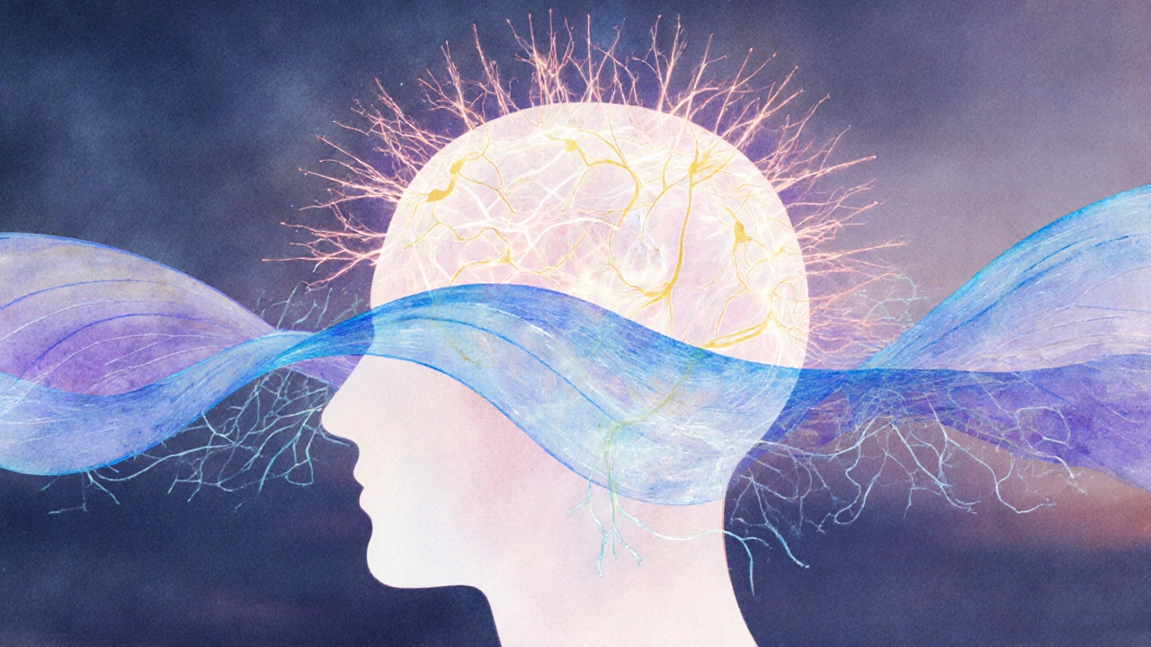 Abstract watercolor of neural pathways calming down during head massage, glowing blue and lavender waves.