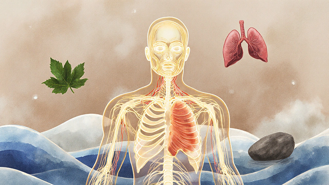 An abstract human form with golden calming energy flowing through, dissolving tension into blue waves.