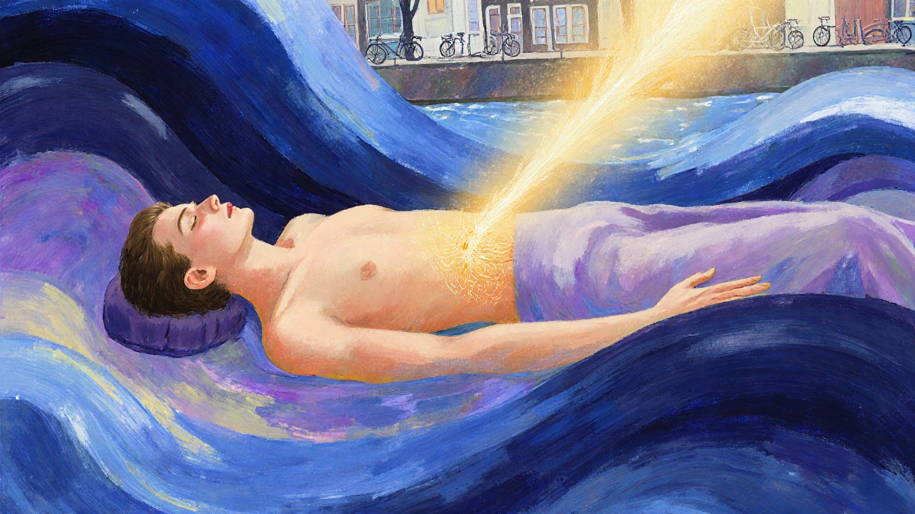 An abstract representation of tension releasing as golden light rises from a calm body during massage.