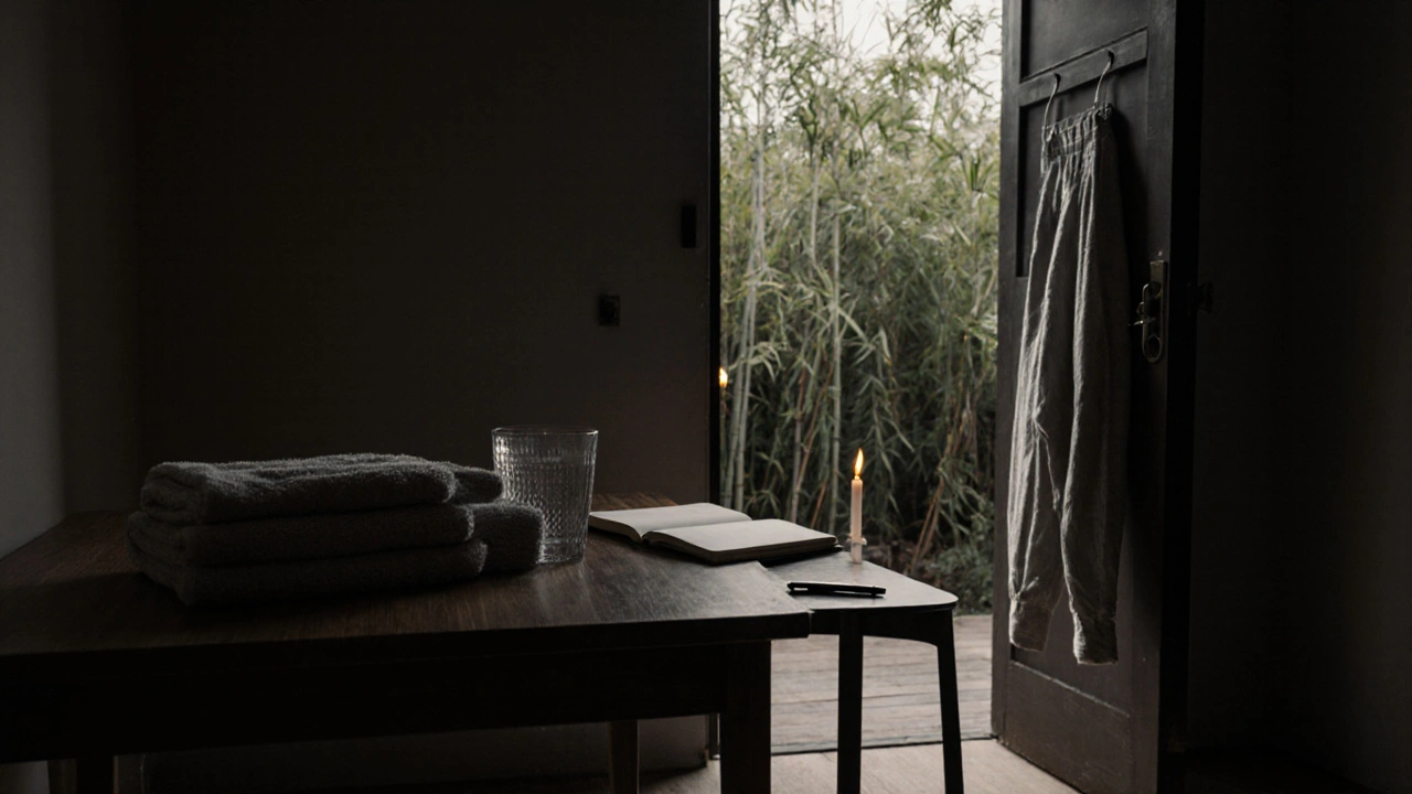 An empty massage studio after a session, with a towel, water glass, and open journal, suggesting quiet transformation.