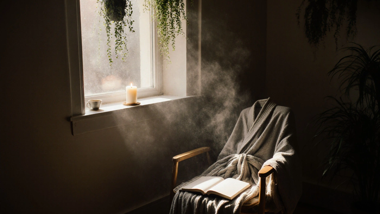 An empty, peaceful studio after a session, with a folded robe, candle, and tea cup on a wooden shelf, bathed in soft sunlight.