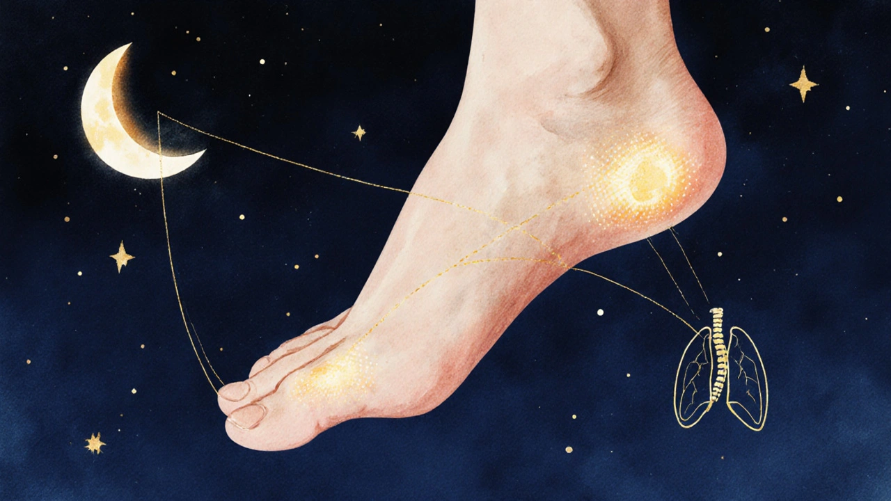 Artistic foot with glowing pressure points connected to sleep-related symbols in a night sky.