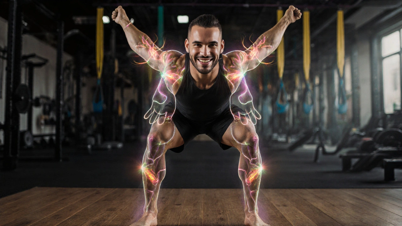 Athlete stretching confidently, with invisible energy waves symbolizing restored mobility from massage.