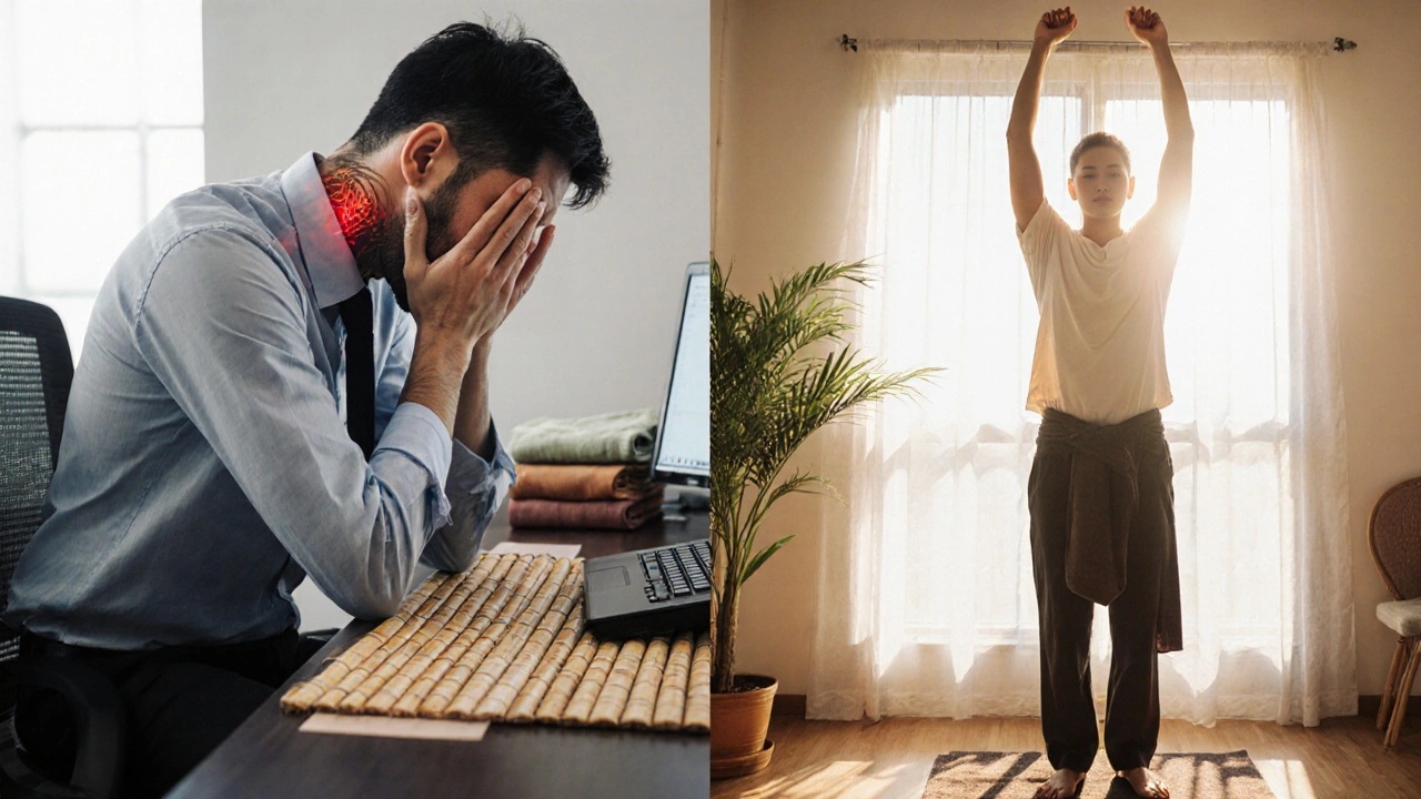 Before and after: a person transformed from hunched tension to open, relaxed posture after Thai massage.