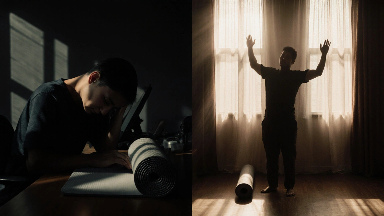 Before and after contrast: slumped desk worker vs. upright, relieved person, with massage mat between them.