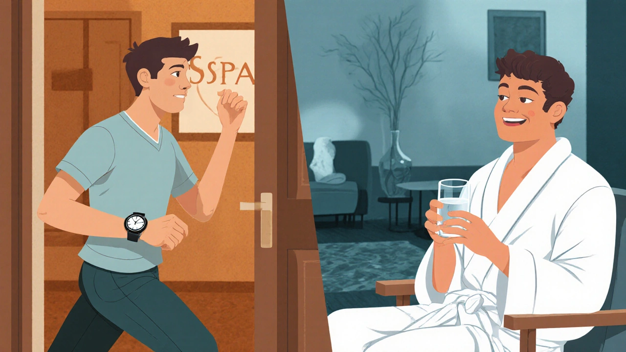 Before and after: stressed person entering spa vs. relaxed person sipping water after massage, symbolizing calm transformation.