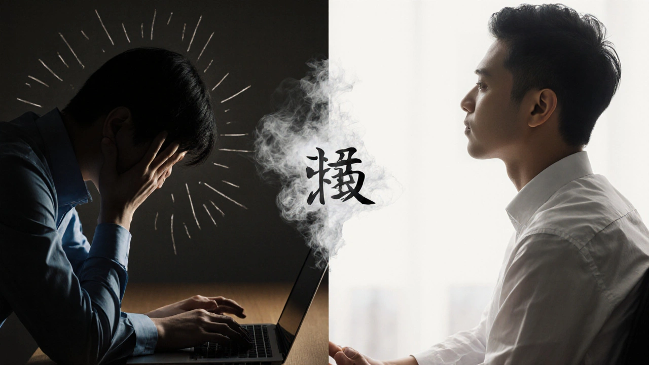 Before and after: stressed worker transformed to peaceful state with energy flowing from the back.