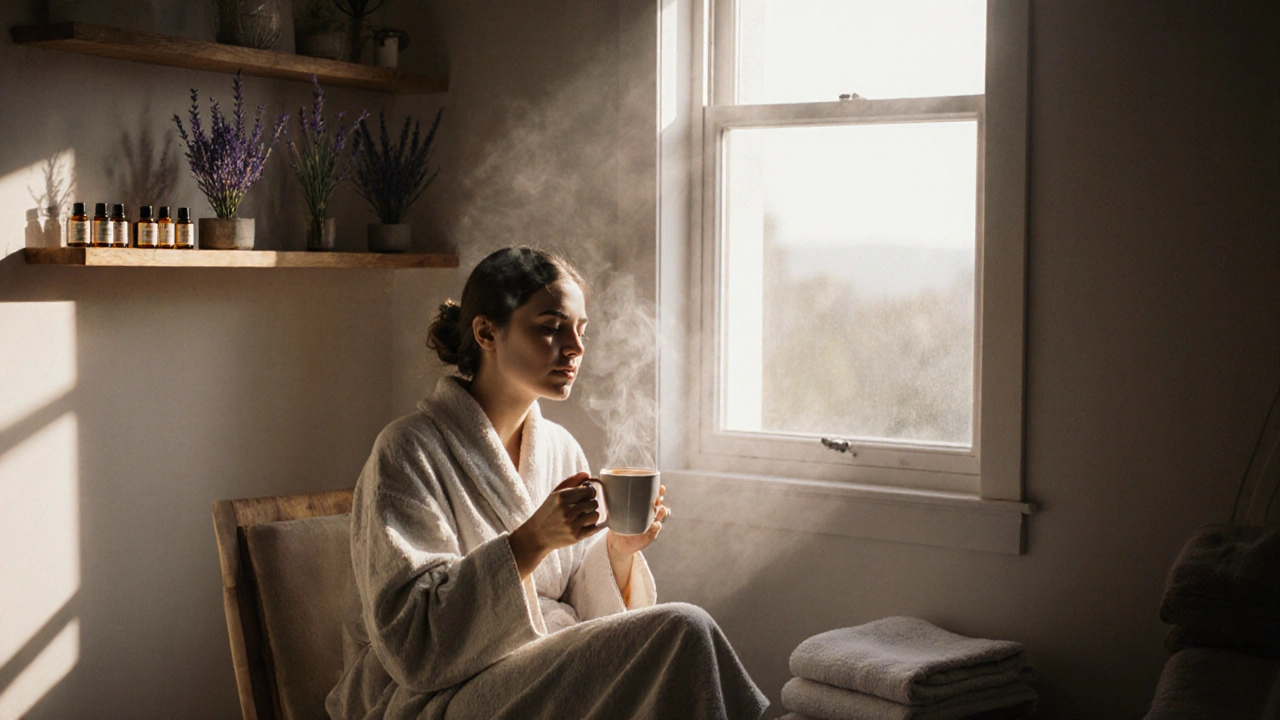 Client sitting peacefully in a quiet recovery room after a massage, holding tea and wrapped in a robe.
