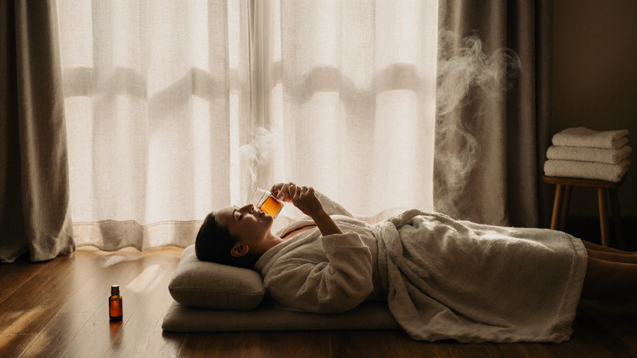 Client wrapped in a robe, sipping tea in quiet post-massage stillness, sunlight streaming through curtains in a peaceful studio.