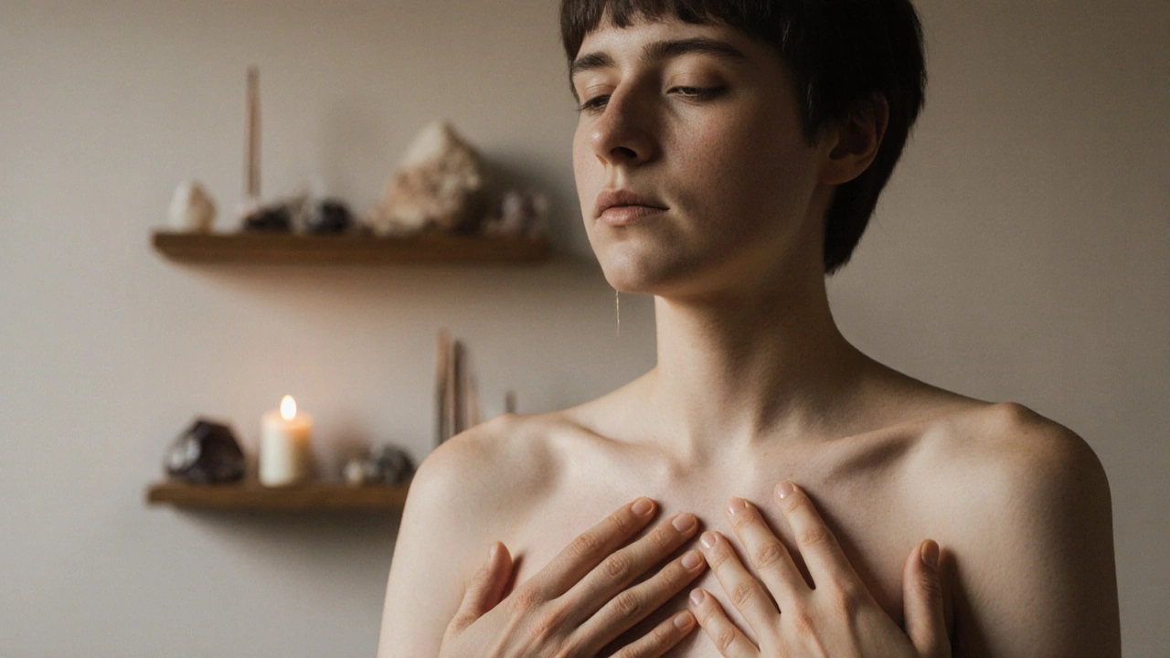 Close-up of a tender, non-sexual hand gesture on a shoulder, with a tear on the cheek, emphasizing emotional release.