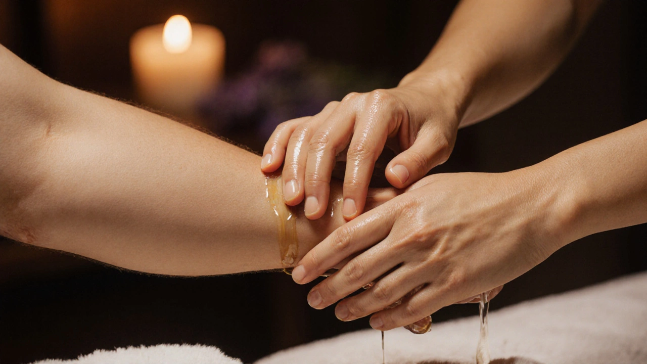 Close-up of hands kneading oil-glossed skin during a soothing Swedish massage session.