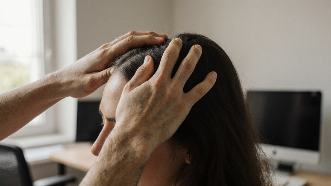 Close-up of hands massaging scalp with blurred office background, natural light, focused on touch.