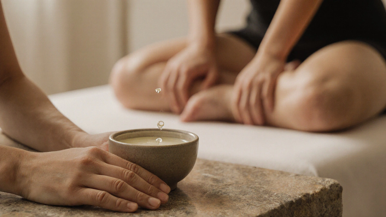 Close-up of therapist&#039;s and client&#039;s hands beside a bowl of oil, with blurred body contact in background during a calming massage.