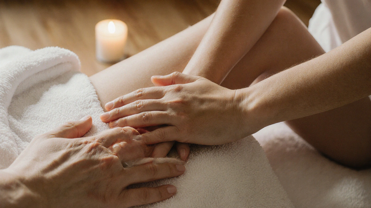 Close-up of therapist&#039;s clothed forearm gently pressing along a client&#039;s thigh during a therapeutic session.