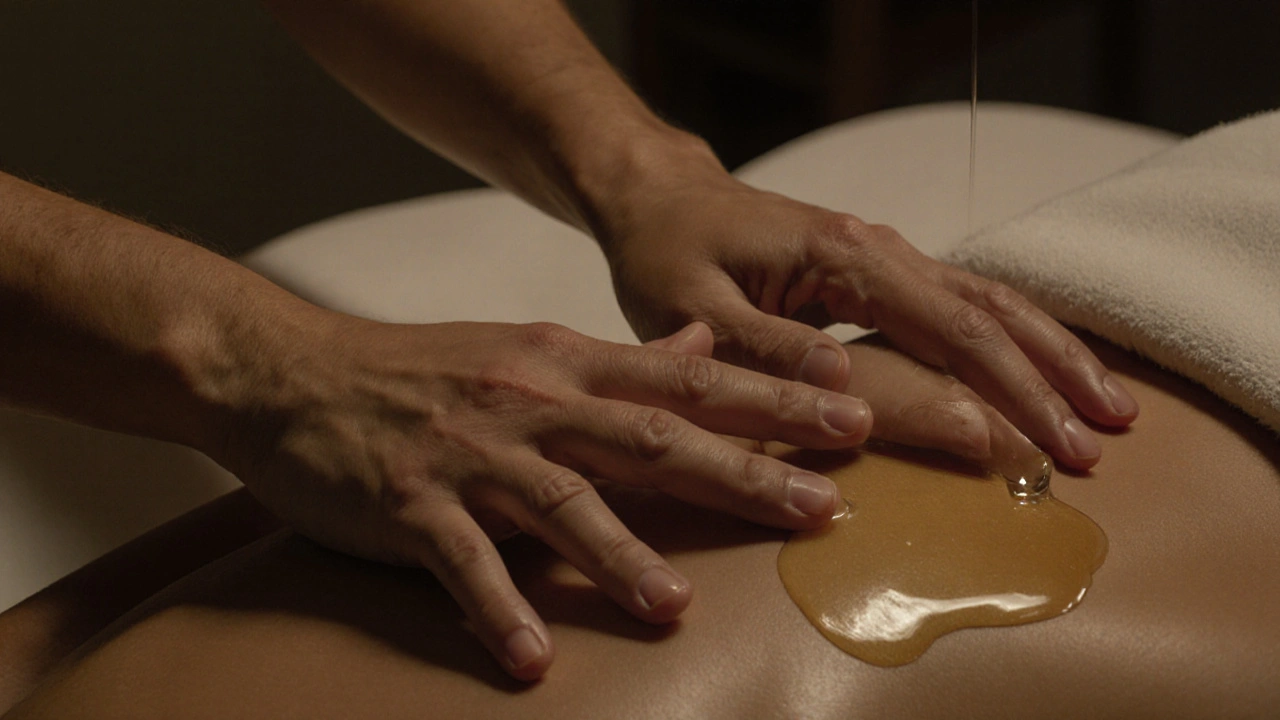 Close-up of therapist&#039;s forearm and client&#039;s hand on a heated massage table with glistening oil.