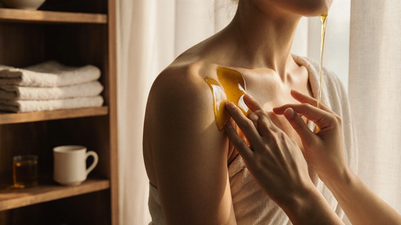 Close-up of warm oil being slowly applied to a shoulder with mindful, deliberate strokes in soft golden light.
