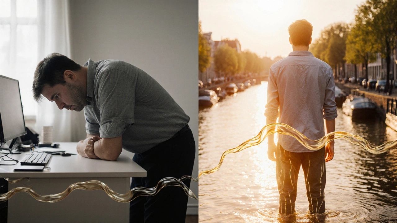 Conceptual before-and-after: person with puffiness and stagnation vs. clear, radiant, with flowing lymph fluid.