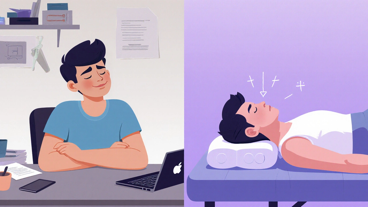 Conceptual before-and-after: stressed person at desk vs. relaxed person on massage table.