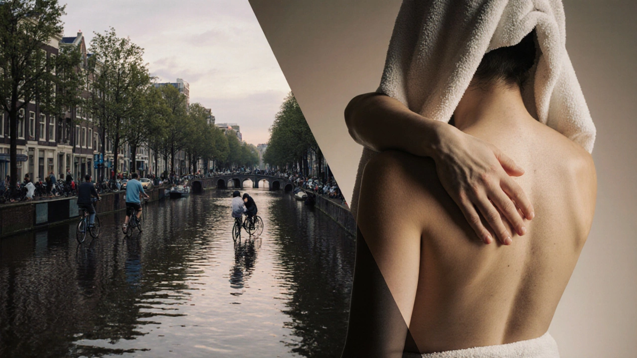 Contrast between busy Amsterdam city life and a tranquil massage session, symbolizing deep relaxation and release.