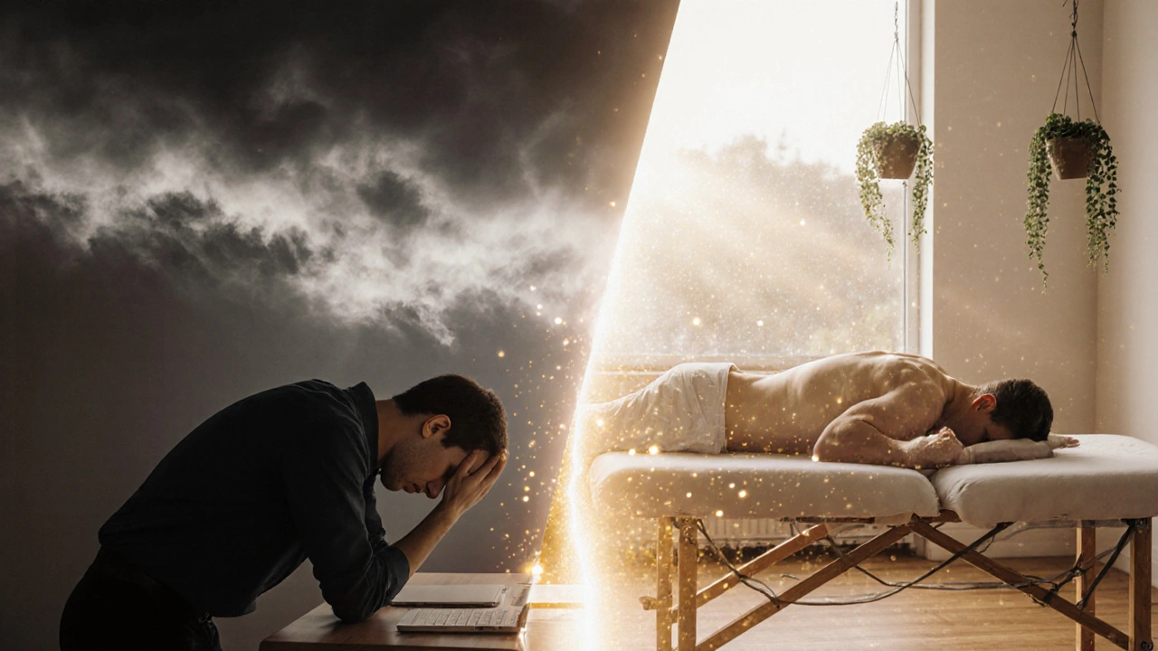 Contrast between stressed posture and peaceful relaxation during a therapeutic massage session.