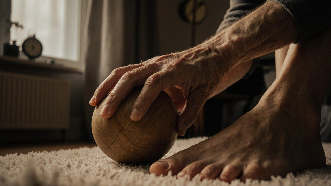 Elderly woman rolling a wooden ball under her foot on a soft rug at bedtime.