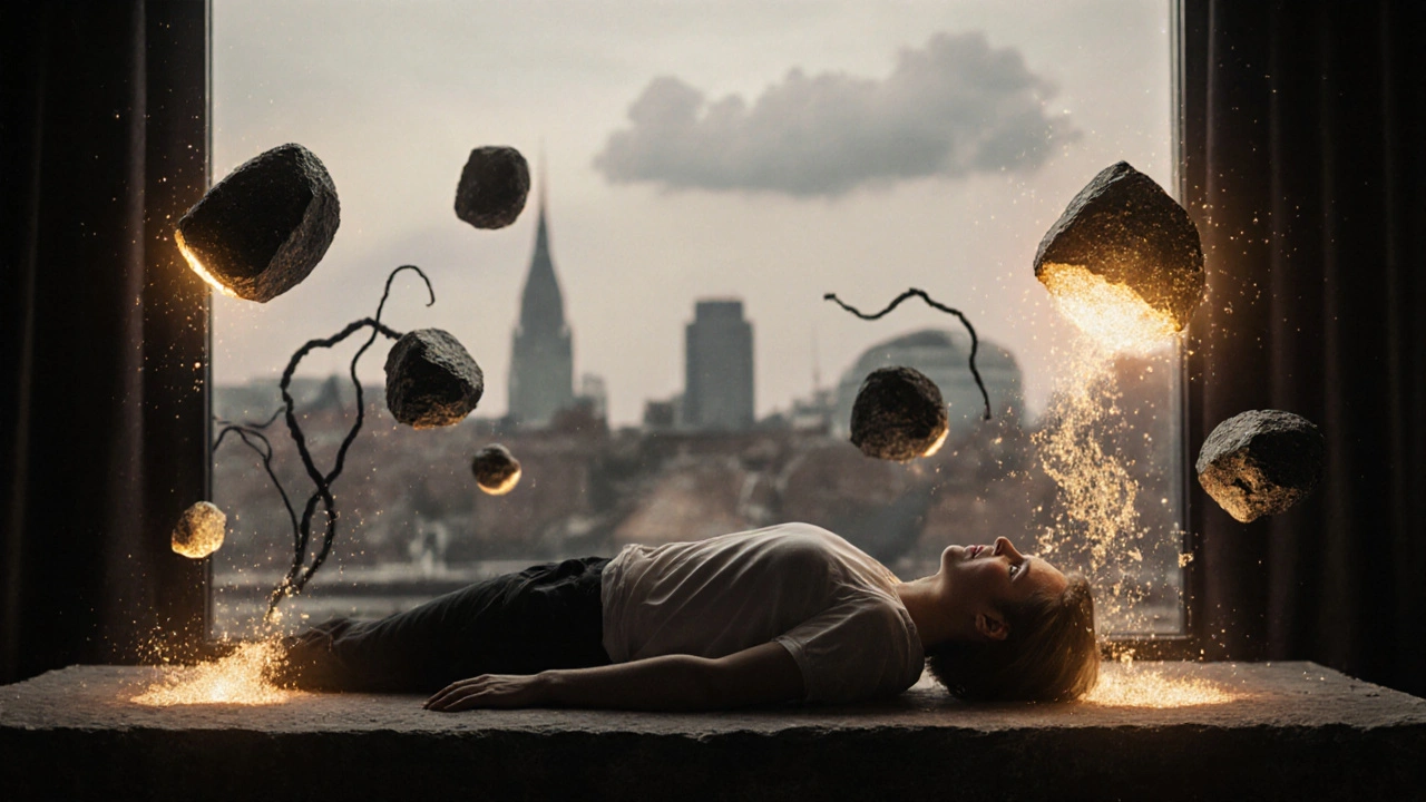 Floating glowing stones surround a relaxed person as stress symbols fade away, soft golden light illuminates a quiet Amsterdam room.