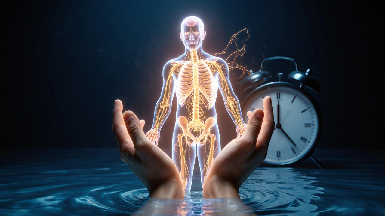 Glowing human form cradled by hands, connected by golden energy threads, representing nervous system reset and deep restoration.