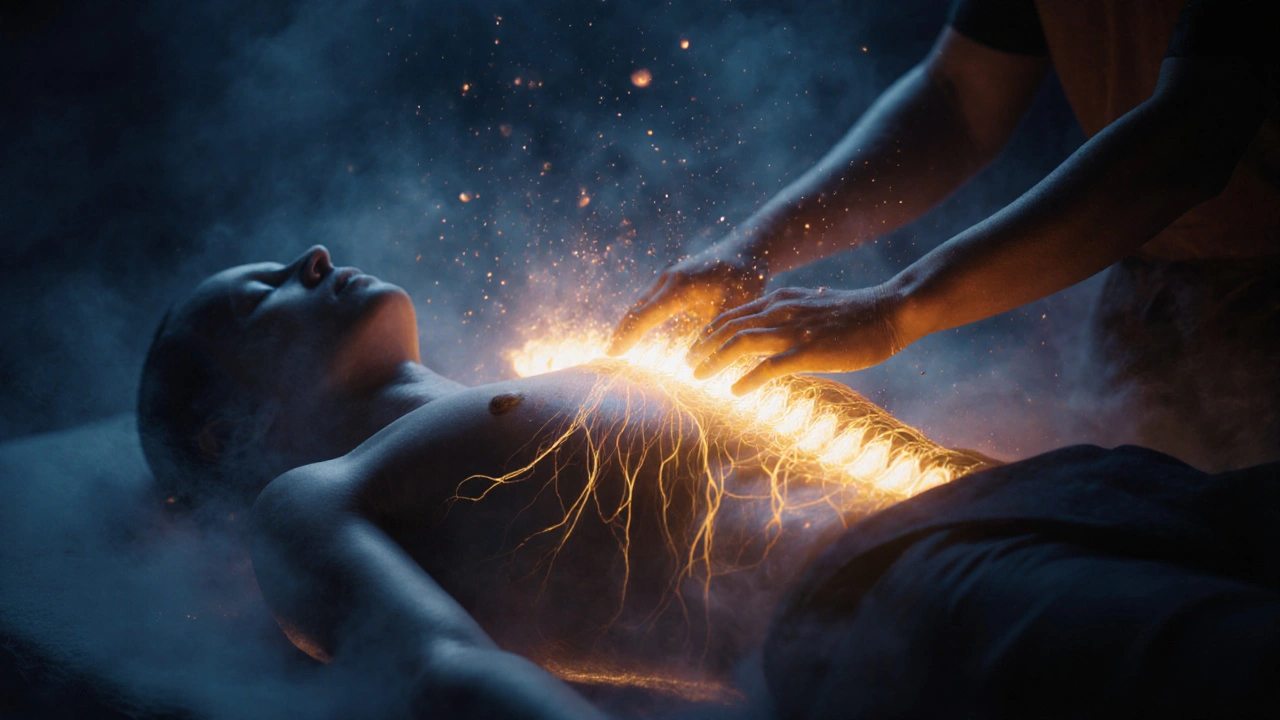 Golden energy lines flowing from a reclining body to a practitioner&#039;s hands, surrounded by mist and glowing particles in a spiritual atmosphere.