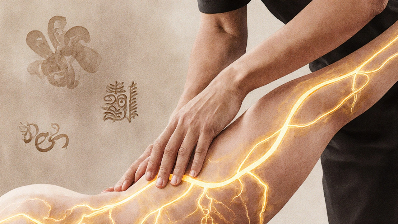 Golden energy lines glowing on a human body as a therapist performs passive stretching during a Thai massage.