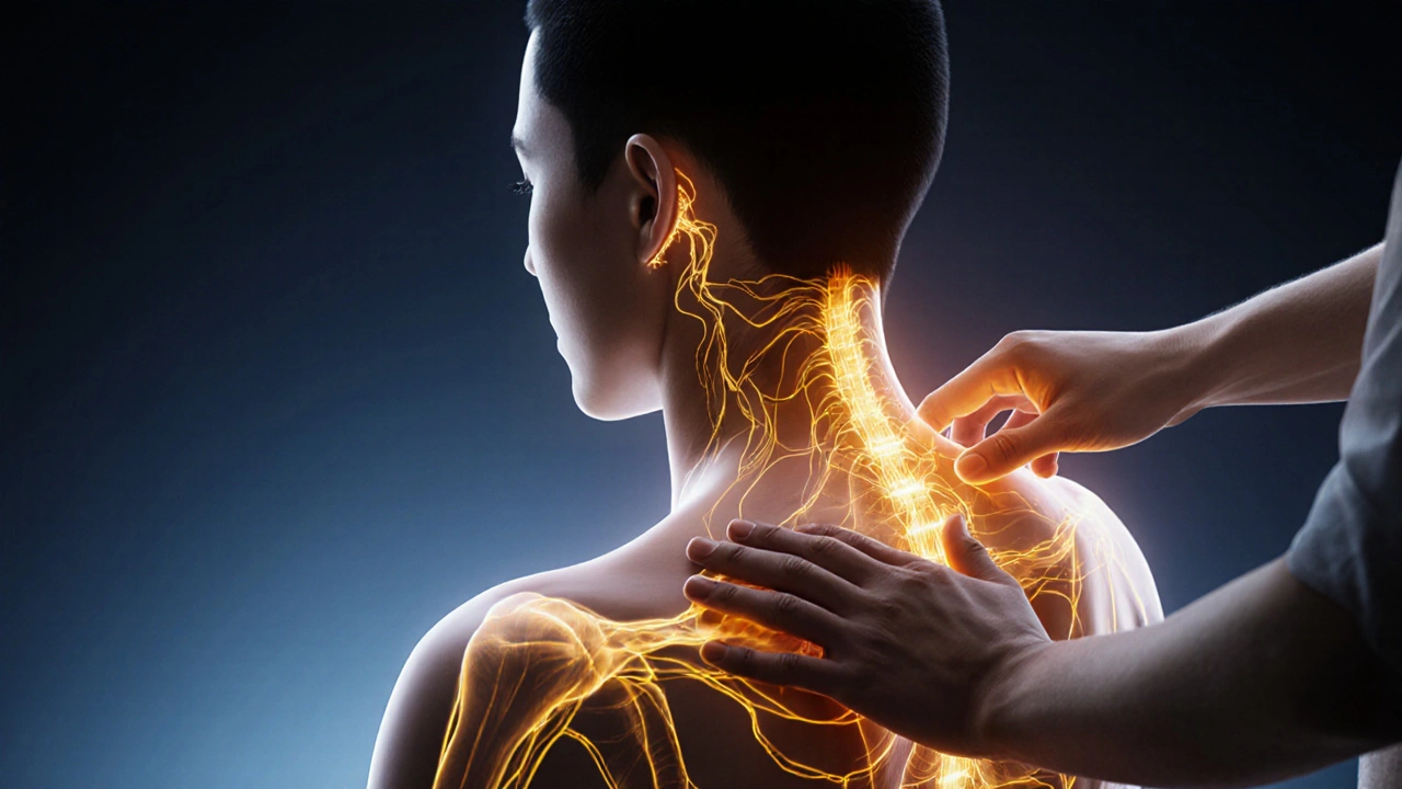 Golden energy meridians glowing beneath skin during a Tuina session, illustrated in artistic style.