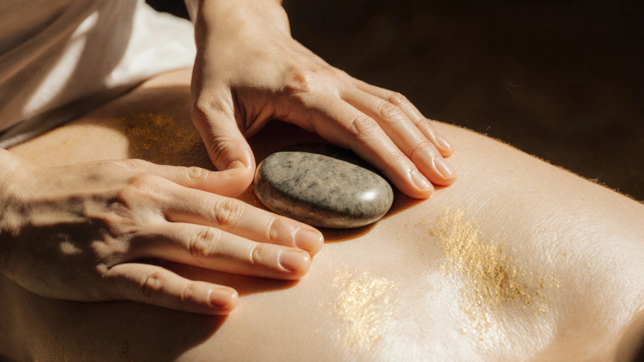 Hands gently holding a warm stone on a person&#039;s abdomen during a mindful tantric session.