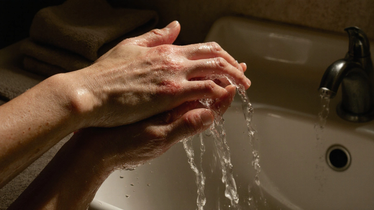 Hands gently massaging each other after washing, water droplets glistening.