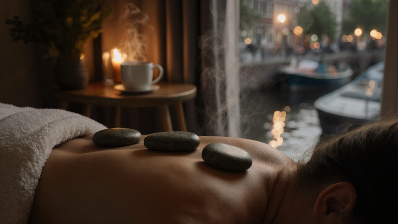 Hands resting on a warm blanket after a hot stone massage, with heated stones and soft candlelight nearby.