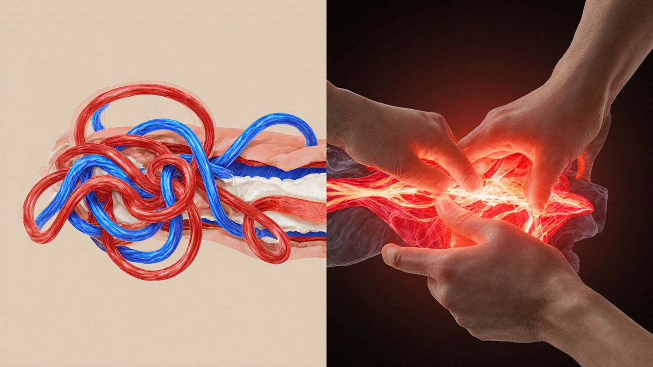 Illustration of muscle fibers and fascia being released by therapeutic hands, showing improved blood flow.