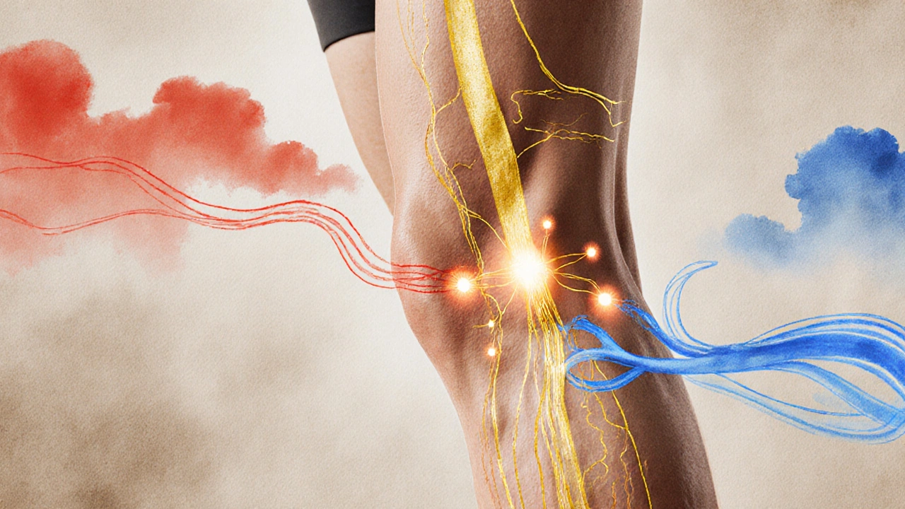 Ink-wash illustration of golden qi flow along a runner&#039;s leg with glowing acupressure points.