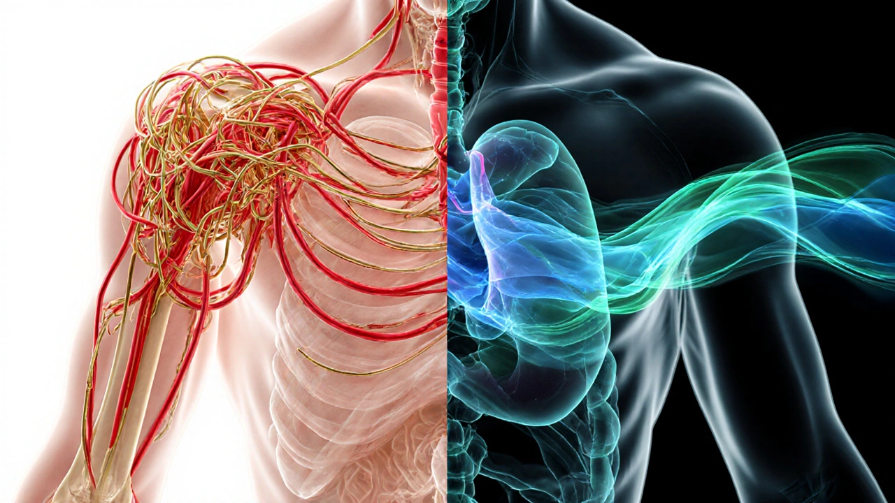 Internal meridian energy flow visualized as tangled lines transforming into smooth waves through tuina therapy.