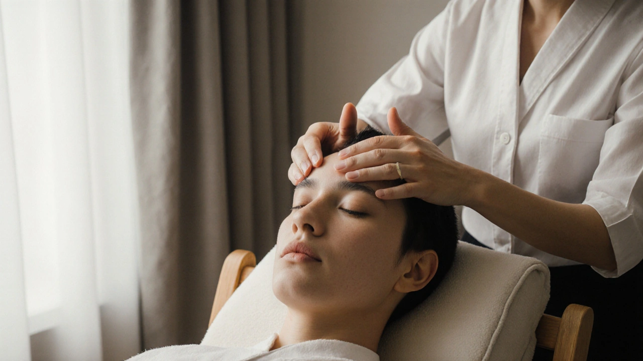 Massage therapist applying firm pressure to acupressure points at the base of the skull.