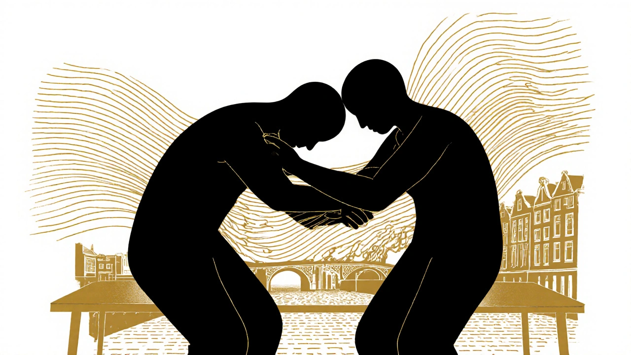 Minimalist silhouettes in monochrome with gold waves, symbolizing body-to-body touch and emotional release amid Amsterdam’s urban landscape.