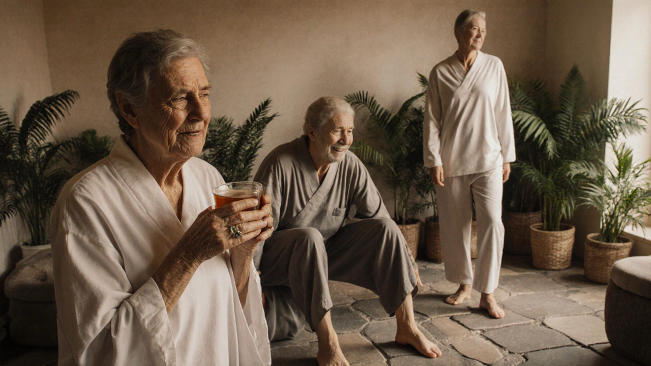 People enjoying quiet moments of calm after a massage, sipping tea and stretching in a serene spa environment.
